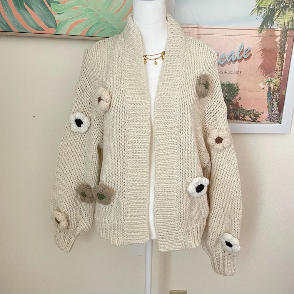 Anthropologie Duchamp The Susannah 3D Flower Cardigan Sweater In Cream S/M
